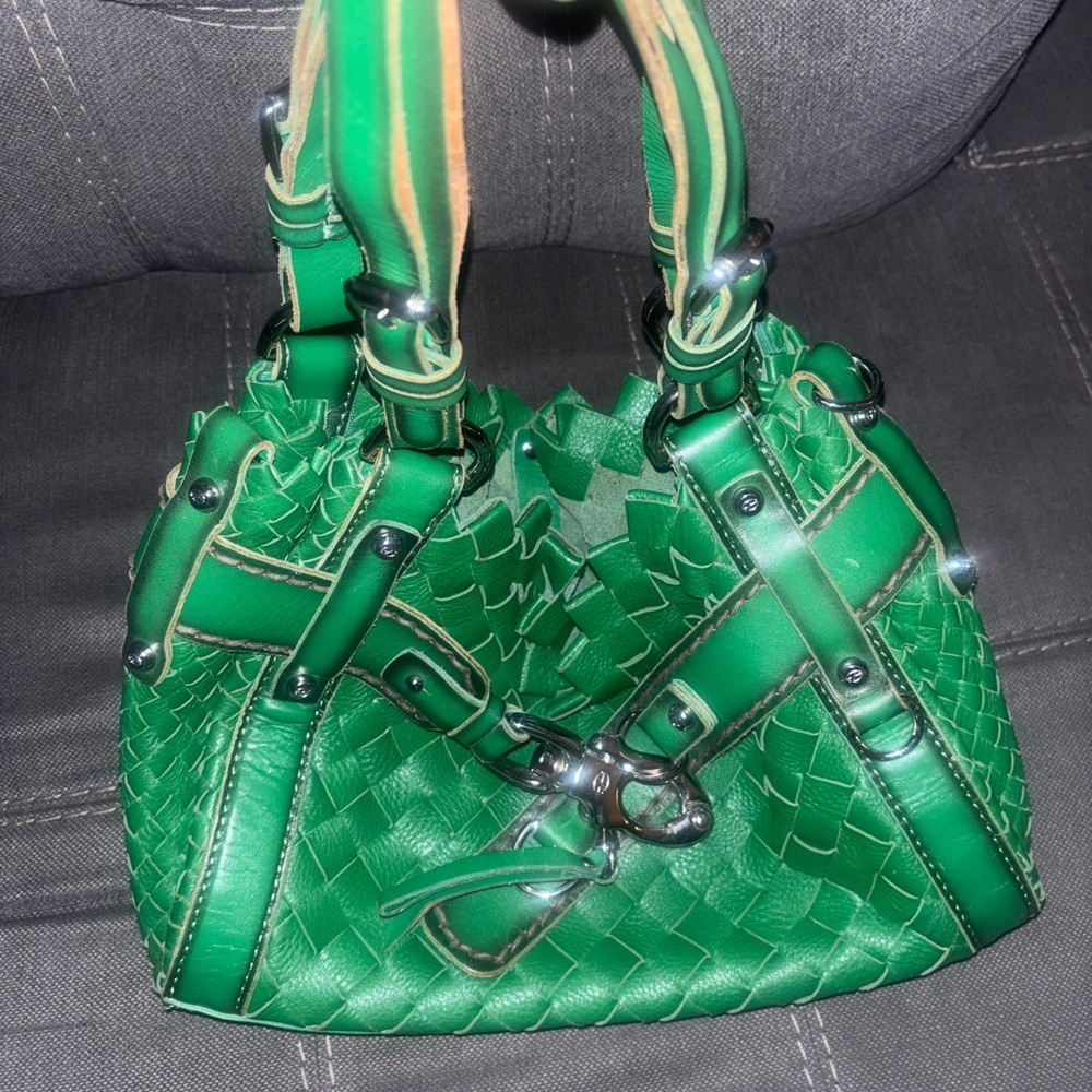 Green Silver Shoulder Bag with Woven Texture